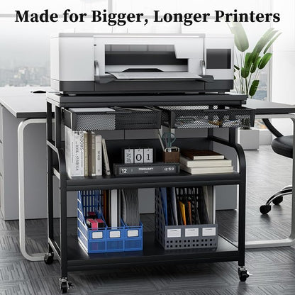 EasyCom 32.3"x18.9" Extra Large Printer Stand with Double Drawers, 5-Adjustable Heights 3 Tier Table with Wheels, Rolling Printer Cart with Storage for Printer Scanner Fax Home Office Use