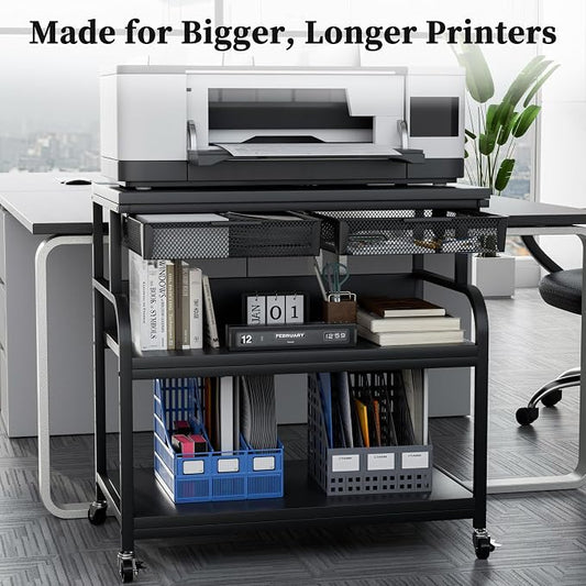 EasyCom 32.3"x18.9" Extra Large Printer Stand with Double Drawers, 5-Adjustable Heights 3 Tier Table with Wheels, Rolling Printer Cart with Storage for Printer Scanner Fax Home Office Use