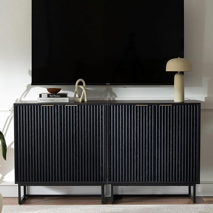Fluted Cabinets with Storage Set of 2, Sideboard Buffet Cabinet with Adjustable Shelves, Modern Accent Console Table for Living Room Entryway, Black