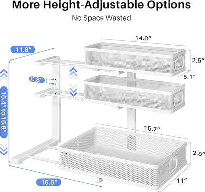 Under Sink Organizer, 1-Pack 3-Tier Thickened Metal Pull out Cabinet Organizer Shelf, Height Adjustable Slide out Storage Drawer Rack for Kitchen Bathroom Pantry Laundry Home Organization, White