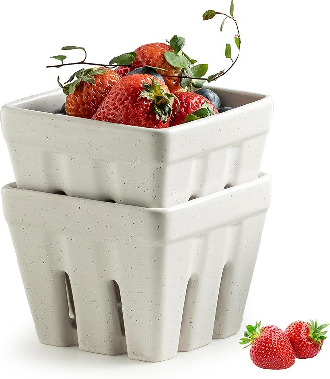 Gomakren Ceramic Fruit Basket Set of 2, Square Fruit Bowls with Holes, Rustic Berry Basket Containers for Kitchen Fridge, Berries, Strawberry, Grape, Cherry - Cream White