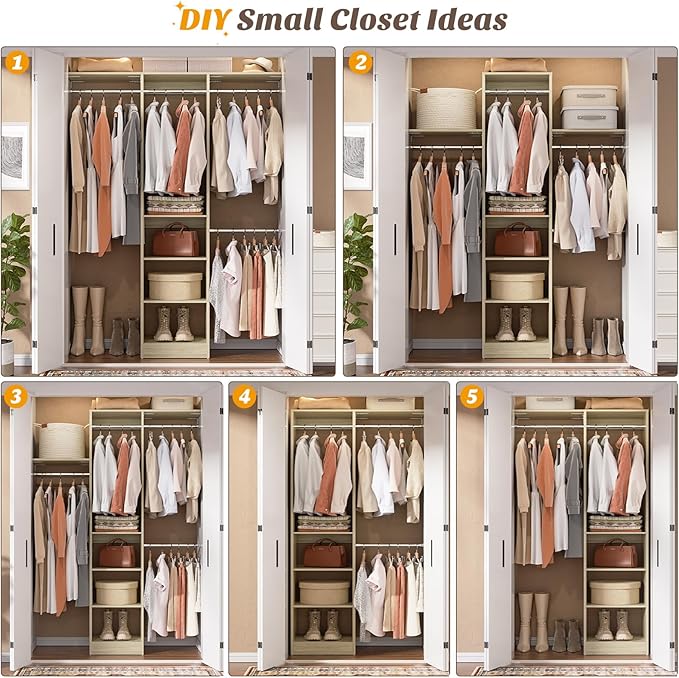 Cyclysio 4FT Small Closet System, 80"H Closet Organizer System with 4 Closets Rods & 3 Shelves, 48" Closets Organizers and Storage for Small Bedrooms, Laundry Rooms, Cloakrooms, White Oak