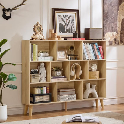 LEYAOYAO 10 Cube Bookshelf, 3 Tier Vintage 55" Wide Bookcase with Legs, Mid-Century Wood Bookshelves Storage, Light Wood Large Book Case, Freestanding Organizer Display Shelf for Living Room, Office