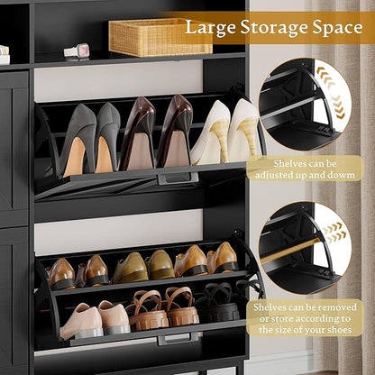 Shoe Cabinet Storage for Entryway, Shoe Storage Cabinet with 4 Flip Drawers, Freestanding Narrow Shoe Rack Organizer with Metal Legs, Adjustable Shelves & Open Storage for Foyer, Hallway, Black