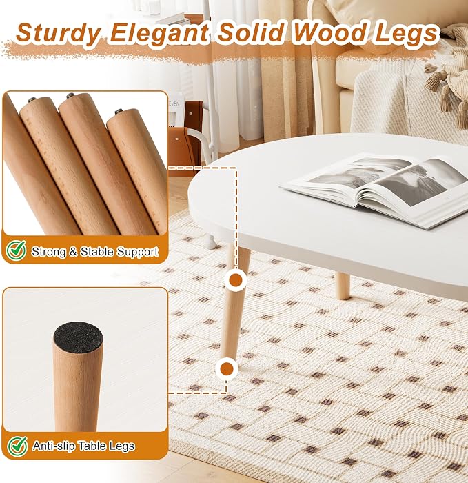 Coffee Table Low Table with Solid Wood Legs, 31.5x19.7 Large Coffee Table Side Table, Floor Table Desk for Sitting on The Floor, Living Room Furniture for Office Apartment Home, Oval White