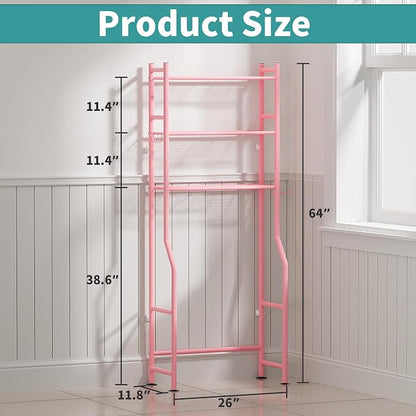 3-Tier Over The Toilet Storage Organizer, Space-Saving Bathroom Rack with Paper Holder & 4 Hooks, 64" Tall Freestanding Carbon Steel Shelf for Small Apartment Laundry Room (Pink)
