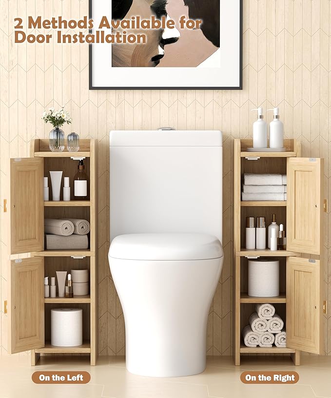 Akxomel Rattan Small Bathroom Cabinet with 2 Doors, 7.9''D x 7.9''W Narrow Toilet Paper Storage Cabinet, Bathroom Organizer for Small Spaces, Wooden Slim Corner Unit with Adjustable Shelf, Natural Oak