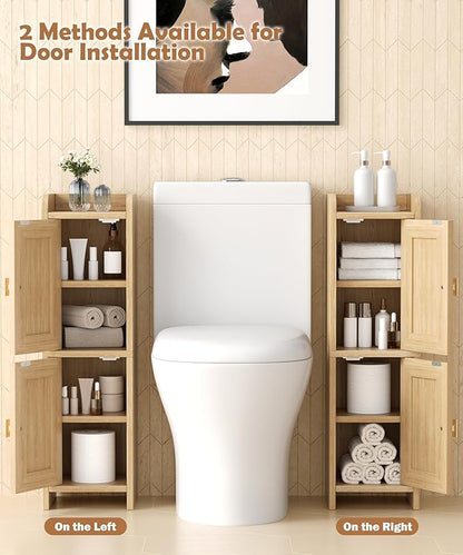 Akxomel Rattan Small Bathroom Cabinet with 2 Doors, 7.9''D x 7.9''W Narrow Toilet Paper Storage Cabinet, Bathroom Organizer for Small Spaces, Wooden Slim Corner Unit with Adjustable Shelf, Natural Oak