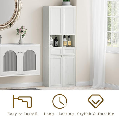Tall Bathroom Storage Cabinet, Wall Mounted or Floor Mounted,Narrow Slim Wall Cabinet with 2 Door, 1 Drawer, Open Shelf for Living Room, 11.81" D x 11.81" W x 65" H (Line White, 2 PCS)
