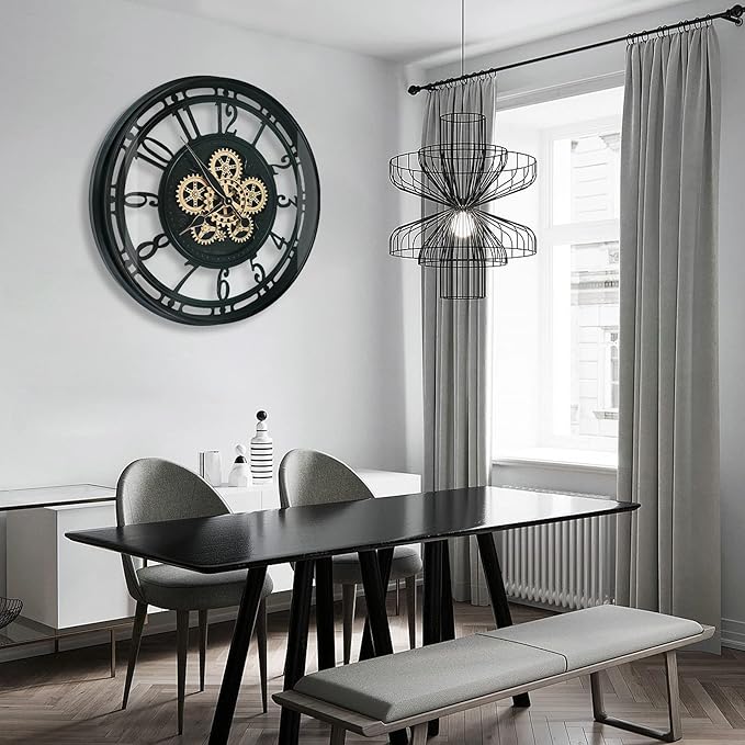 DORBOKER Real Moving Gears Wall Clock Large Modern Metal Clocks for Living Room Decor, Industrial Steampunk Unique Vintage Rustic Decorative Clock for Home Farmhouse Office, 21 Inch Black Gold Arabic