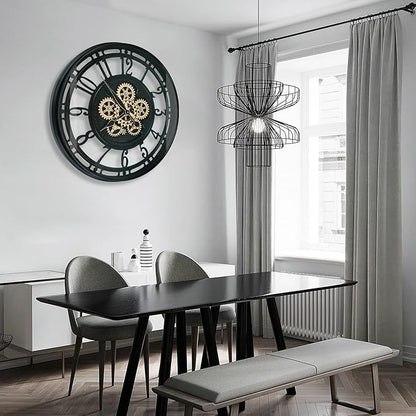 DORBOKER Real Moving Gears Wall Clock Large Modern Metal Clocks for Living Room Decor, Industrial Steampunk Unique Vintage Rustic Decorative Clock for Home Farmhouse Office, 21 Inch Black Gold Arabic