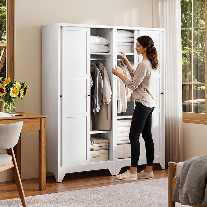 Letaya Metal Sliding Door Wardrobe Cabinets,68" Tall Armoire Wardrobe Closet with Sliding Doors and Shelves,Narrow Slim Coat Closet Cabinet with Hanging Rod,Space Saving for Home (White)