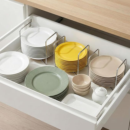 Adjustable Dish Rack for Kitchen Counter - Bamboo Plate Holder Organizer for Cabinet Wooden Bowl Organizer Stainless Steel Plate Stand Storage for Kitchen Drawer Countertop Cupboard Shelf RV
