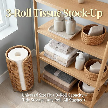 Freestanding Rattan Toilet Paper Holder, Bathroom Storage Organizer Holds 3 Rolls, Space Saving Wicker Toilet Roll Stand for Bathroom Decor