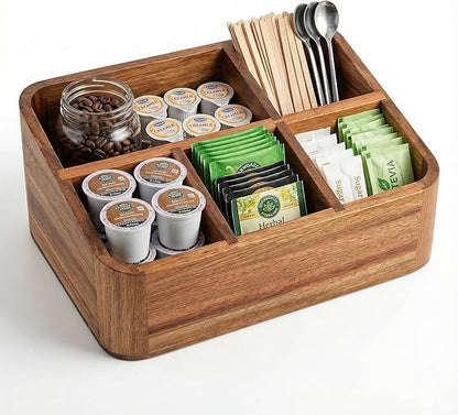 Dstuff Acacia Wood Coffee Station Organizer for Countertop, Tea Organizer and Holder, Coffee Bar Caddy with Multiple Compartments for Home and Office Decor