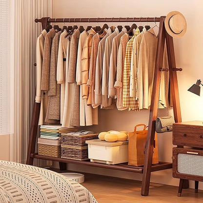 AETVRNI Wood Clothing Rack Coat Rack,Large Foldable Hanging Clothes,Stand Garment Rack with Storage Shelf,Clothing Storage,Home Organization,Natural Beech,for Bedroom Small Apartment Guest Room Laundr