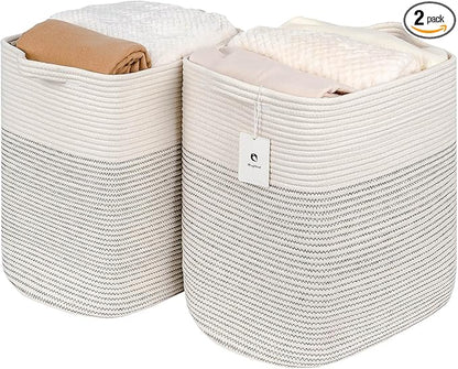 Laughbird Storage Baskets for Clothes Fabric Cotton Rope Storage Basket with Handles, Decorative Woven Basket for Living Room,Closet Organizer Blankets, and 2bags (White/Black Line, L17.8×W12.5×H17.9)
