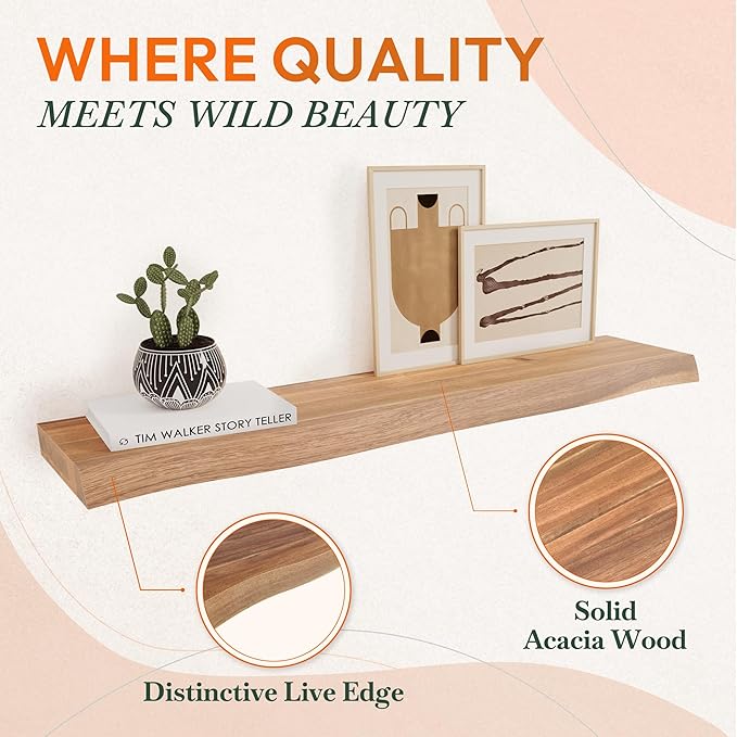 Howizz 36" Acacia Live Edge Floating Shelves Set of 2 - Wall Mounted Wooden Shelf for Stylish Home Décor - Teak Look Color 36x7.5x1.5 Inches