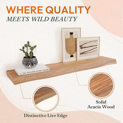 Howizz 36" Acacia Live Edge Floating Shelves Set of 2 - Wall Mounted Wooden Shelf for Stylish Home Décor - Teak Look Color 36x7.5x1.5 Inches