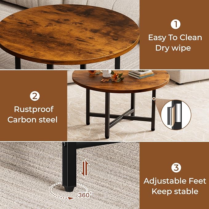 Coffee Table, 23.6" Small Coffee Tables, Rustic Brown Round Coffee Tables for Living Room, Floor Table for Sitting on The Floor, Center Coffee Table with Metal Frame Industrial Office Home
