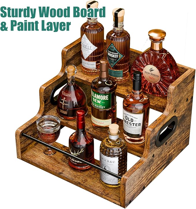 KLM Liquor Bottle Display Shelf, Coffee Syrup Rack Organizer, 3 Step Countertop Liquor Wine Rack, mini bar,liquor cabinet, Home Retro Bar Shelf Stand for Liquor Whiskey, Spirits