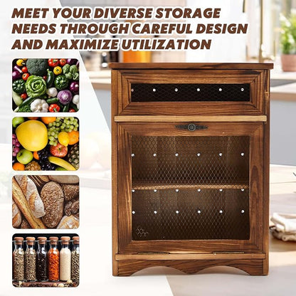 Colingmill Wooden Potato Onion Storage Bin for Kitchen Counter, Farmhouse Vegetable Storage Cabinet with Mesh Door & Lid Rustic Countertop Potato Organizer for Onion Garlic Bread, 11.8 x 6.8 x 16 Inch