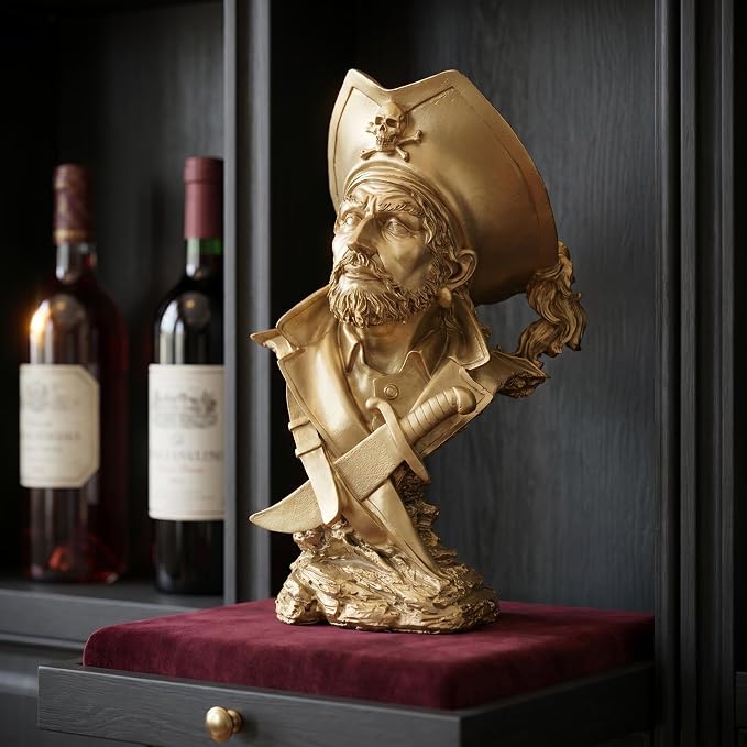 H&W Golden Pirate Figurines - Buccaneer Francis Drake Statue Decoration for Home/Study/Living Room, Great Collectible Figurines, Best Gift for The Man, Sandstone Color (HH17-D5)