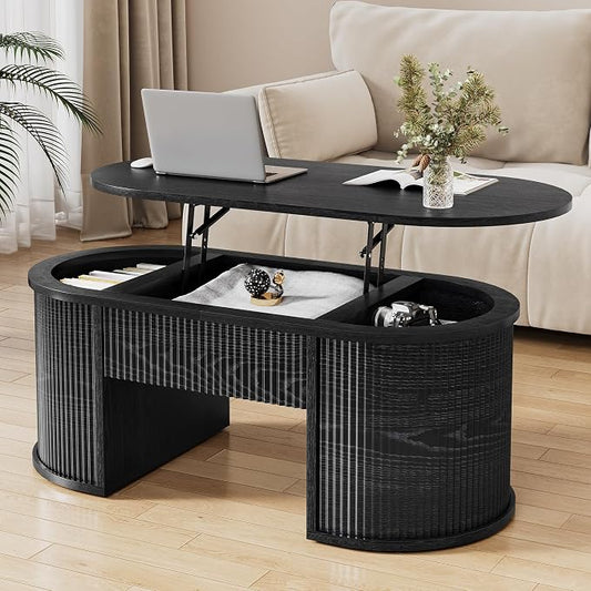 Fluted Lift Top Coffee Table with Storage, Oval Living Room Center Table with Hidden Compartment, Modern Mid-Century Wood Coffee Table for Small Spaces, Home Office, Living Room, Black