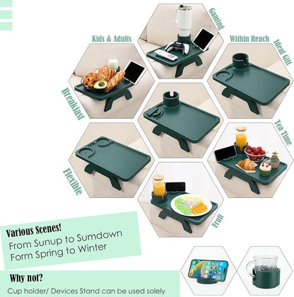 Nnewvante Couch Arm Table,3 in 1 Large 15.36"x9.85" Bamboo Sofa Arm Clip on TV Tray Table with 360°Rotated Phone/Cup Holder, Dark Green