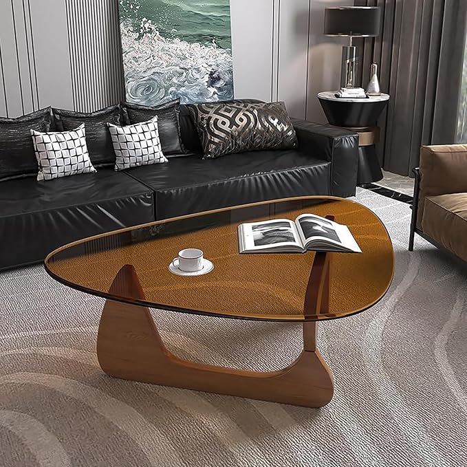 Modern Glass Coffee Table for Living Room, Mid Century Coffee Table, Small Coffee Tables, Suitable for Bedroom Living Room Reception Office Tables (Walnut/Brown, Medium 35.8 * 25.5 * 16in)
