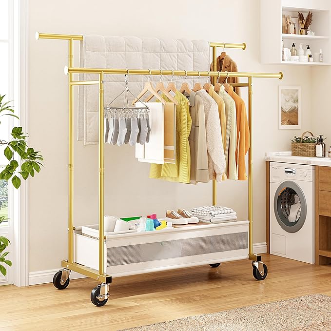 Clothes Rack, Clothing Racks for hanging clothes, Rolling clothes rack with Storage Basket & Heavy Duty Wheels, Double rods clothing rack for Bedroom, Laundry Room, Gold
