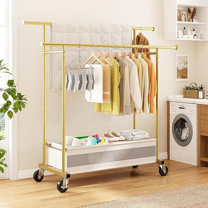 Clothes Rack, Clothing Racks for hanging clothes, Rolling clothes rack with Storage Basket & Heavy Duty Wheels, Double rods clothing rack for Bedroom, Laundry Room, Gold