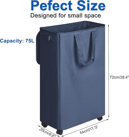 Vincona Slim Laundry Hamper with Lid and Wheels, Small Rolling Laundry Basket with Handle for Small Spaces, Tall Dirty Clothes Hampers for Dorm, Bathroom and Bedroom, 75L, Blue