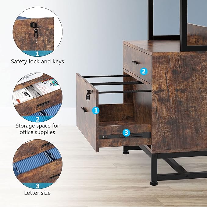 Tribesigns 2 Drawer Vertical File Cabinet with Lock & Bookshelf (Set of 2), Letter Size Large Modern Filing Cabinet Printer Stand with Open Storage Shelves for Home Office, Dark Brown