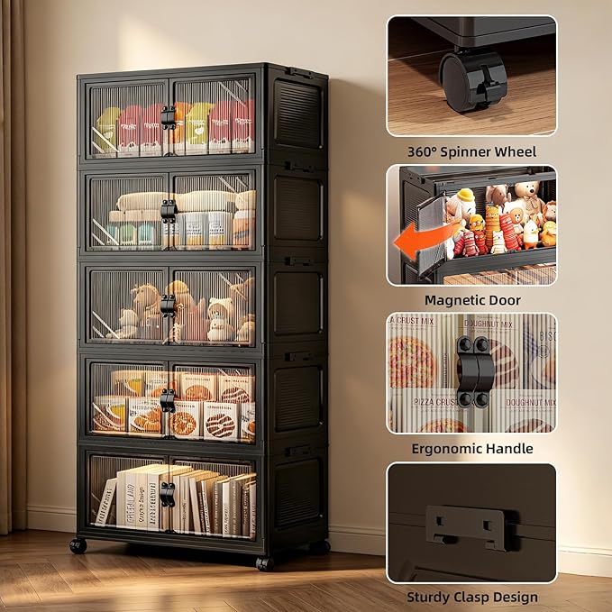 6-Tier Foldable Storage Cabinet with Wheels & Lid, 291QT Extra Large Stackable Organizer, No Tool Required, Storage Cabinet for Garage, Home Office, Pantry, Kitchen, Dorm