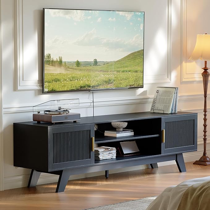 ChooChoo 59.5" Fluted TV Stands for 65 Inch TV, Mid Century Modern Entertainment Center with Storage and Adjustable Shelf, Long TV Console Media Table for Living Room, Bedroom, Black
