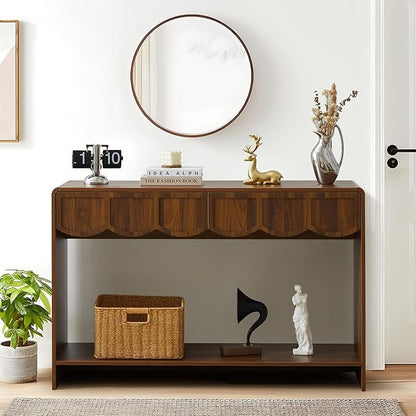 ORRD Console Table with Drawers, Mid-Century 43 Inches Narrow Entryway Tables with Open Storage Shelves, Hallway Accent Tables Behind Couch Table for Living Room - Walnut