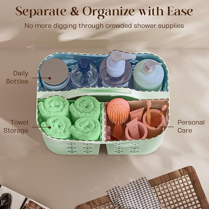 PQH Portable Shower Caddy with Handle, Large Capacity Shower Basket Organizer, Quick-Drain Bathroom Storage Tote, Durable Plastic Shower Organizer for College Dorm, Beach, Gym Essentials, MintGreen