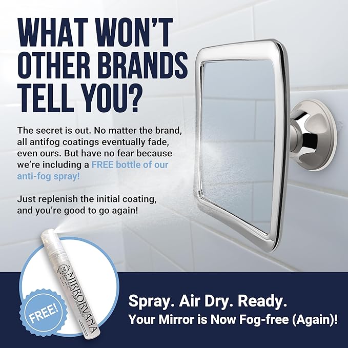 MIRRORVANA Fogless Shower Mirror for Shaving with Upgraded Suction-Cup, 1X Magnifying, 6.3 x 6.3 Inch (Chrome Frame, Grey Suction)