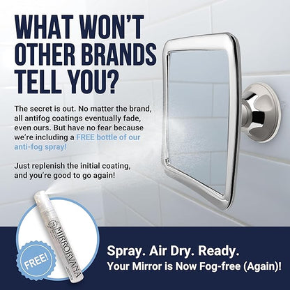 MIRRORVANA Fogless Shower Mirror for Shaving with Upgraded Suction-Cup, 1X Magnifying, 6.3 x 6.3 Inch (Chrome Frame, Grey Suction)