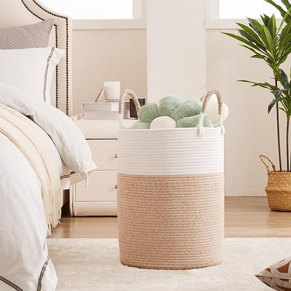 Hamper Laundry Basket Tall Woven Clothes Hamper for Baby Girls Nursery Kids Cotton Rope Blanket Basket in Living Room Bathroom Bedroom Brown 60L Large Capacity