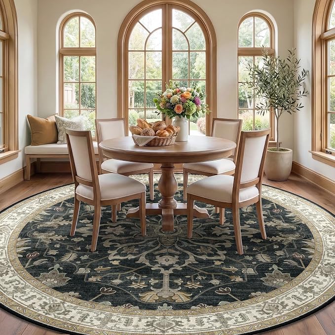 RELEANY Area Rugs Round 8ft Washable Non-Slip, Floral Vintage Distress Medallion Carpet for Living Room Bedroom Dining Room, Vintage Black Brown Neutral