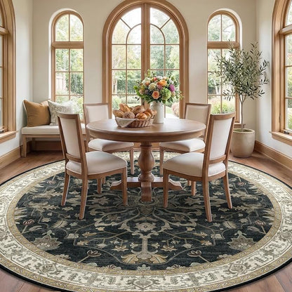 RELEANY Area Rugs Round 8ft Washable Non-Slip, Floral Vintage Distress Medallion Carpet for Living Room Bedroom Dining Room, Vintage Black Brown Neutral