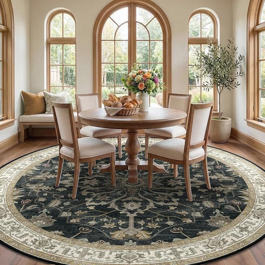 RELEANY Area Rugs Round 8ft Washable Non-Slip, Floral Vintage Distress Medallion Carpet for Living Room Bedroom Dining Room, Vintage Black Brown Neutral