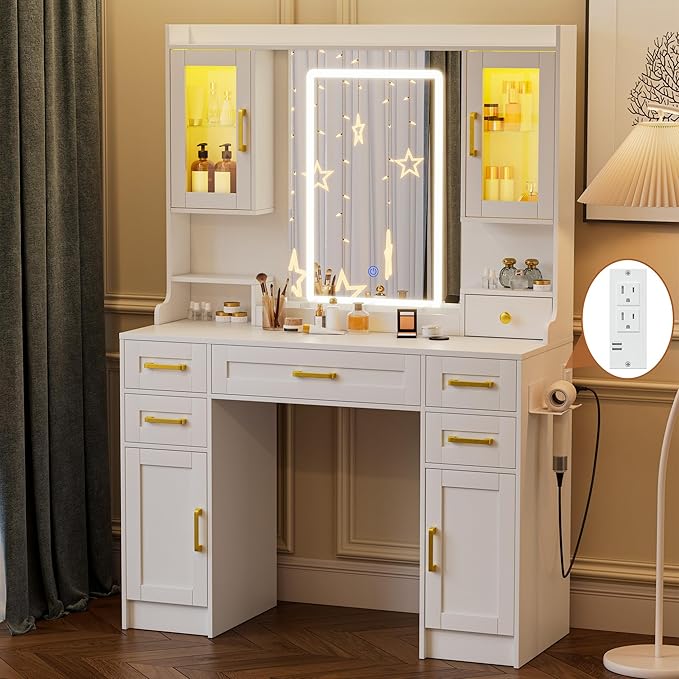 KAMABOKO Vanity Desk with Mirror & LED Lights & Power Outlet, Large Makeup Vanity Table with 5 Drawers and 4 Storage Cabinets, White Dressing Table for Bedroom