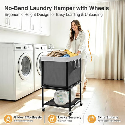 STO STO Rolling Laundry Hamper with Lockable Wheels, 29-Gallon (110L) Laundry Cart with Removable Canvas Bag, 2-Tier Clothes Basket Hamper with Shelf for Closet, Bedroom, Bathroom, Laundry Room, Gray