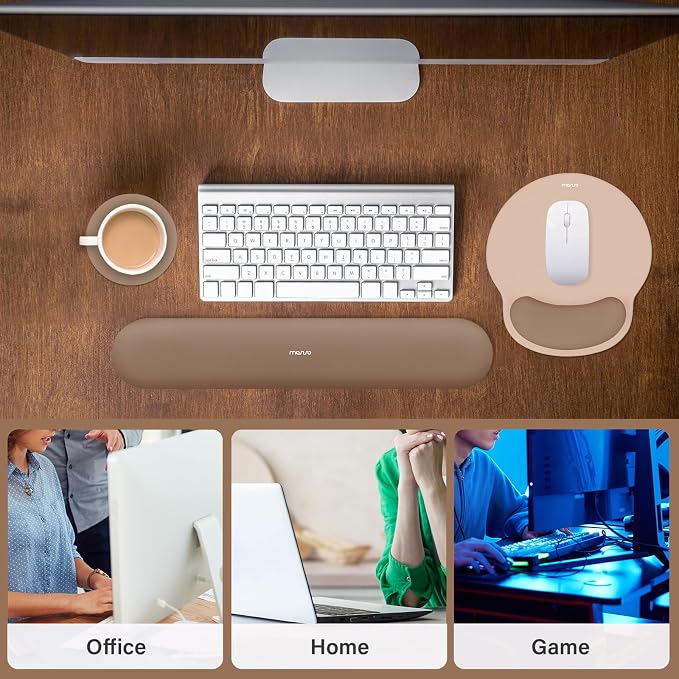 MOSISO Wrist Rest Support for Mouse Pad&Keyboard Set, Circle Curved Ergonomic Mousepad&Coaster Non-Slip Base Home/Office Pain Relief&Easy Typing Pad with Soft Cloth&Silicone Lining, Mocha