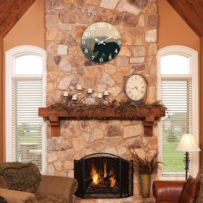 XFM Cabin Bear Wall Clock 12 Inch Silent Non Ticking Wooden Wall Clocks Battery Operated Forest Wildlife Mountain Lodge Round Clock Rustic Farmhouse Wall Clock