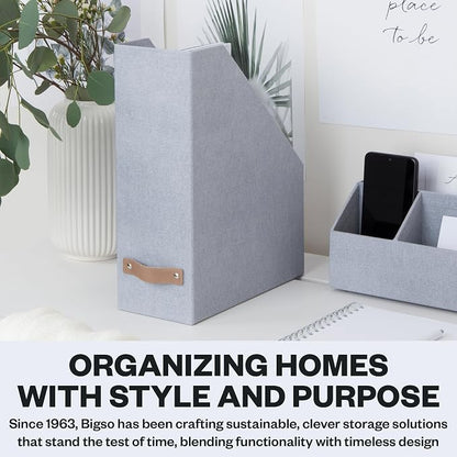 Bigso Estelle Magazine File - Magazine Holder and Organizer for Papers and Catalogs with Leather Handle - Magazine File Holder for Office Desks - 12.6 in x 4.5 in x 9.8 in - Ash Ballard