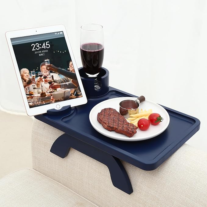 Nnewvante Couch Arm Tray,3 in 1 Large 15.36"x9.85" Bamboo Couch Table Armrest Sofa Arm Clip on Tray Table with 360°Rotated Phone/Cup Holder,Navy Blue